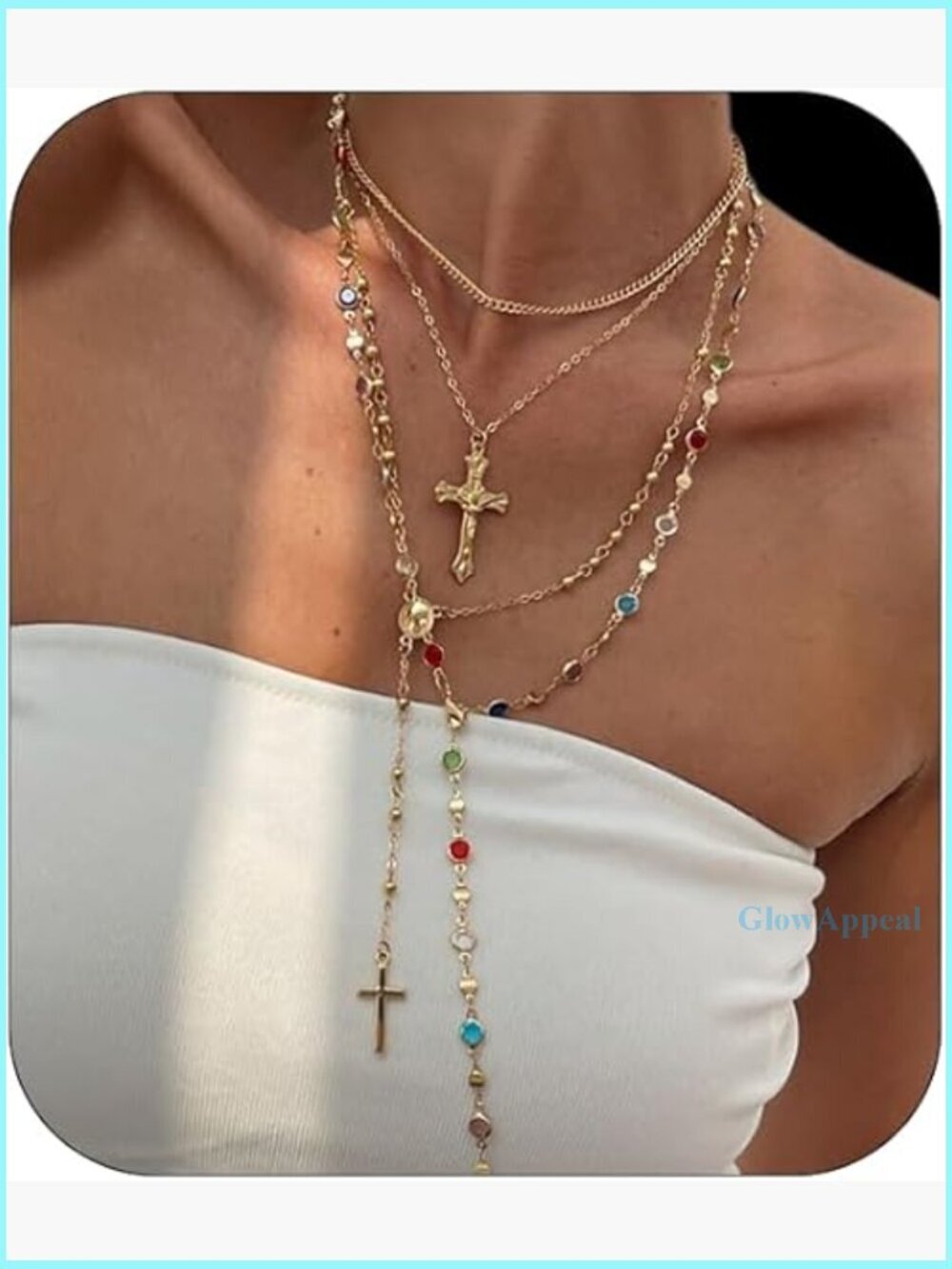 Chunky Cross Pendant Necklace Set Layered Pearl Beads Y2K Jewelry